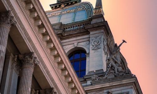 pink sky old building